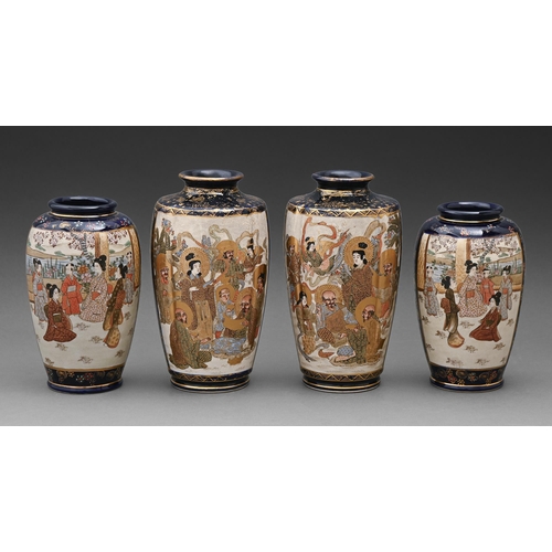 87 - Two pairs of Japanese Satsuma vases, Meiji period, enamelled with rakan and bijin, 21.5cm h and smal... 