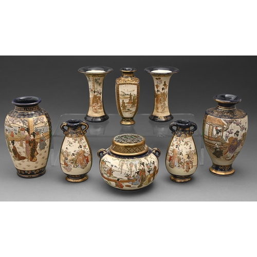 88 - Two pairs of Japanese Satsuma vases and four others, Meiji period and later, enamelled with bijin an... 