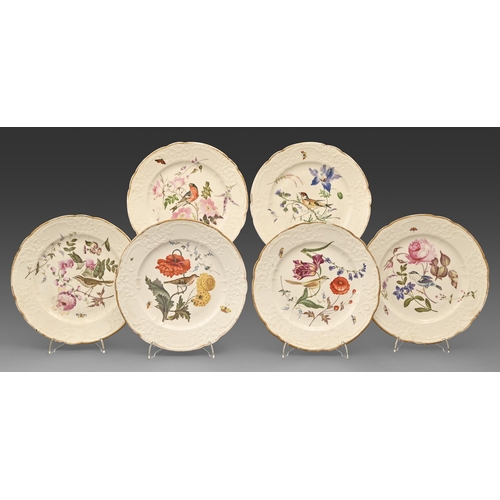 97 - Six Coalport moulded ornithological dessert plates, possibly outside-decorated, c1820, painted with ... 