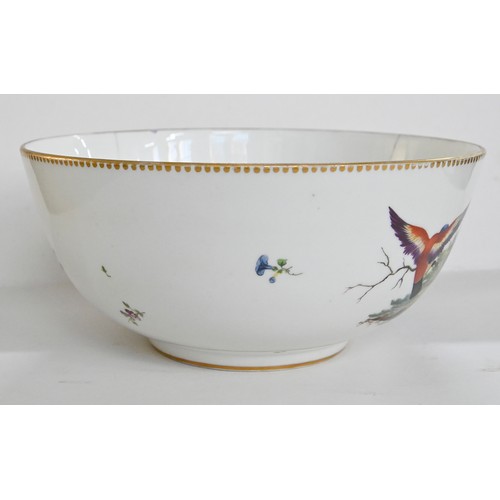 66 - An Amstel ornithological bowl, late 18th c, enamelled with exotic birds and sprigs of flowers, 21.5c... 