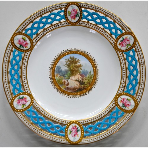 84 - A set of twelve Minton Pierced shape dessert plates, c1863, painted with a central pastoral landscap... 