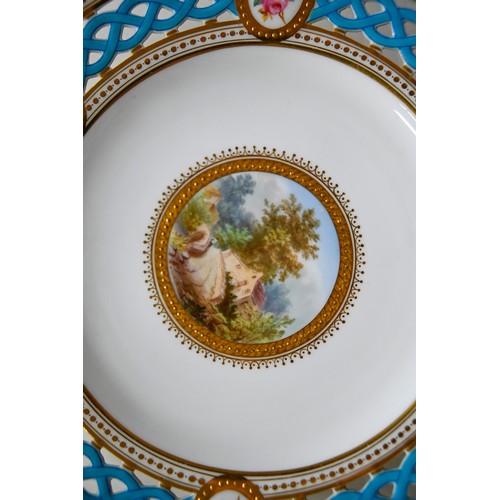 84 - A set of twelve Minton Pierced shape dessert plates, c1863, painted with a central pastoral landscap... 