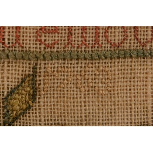 378 - A George III linen sampler, Mary McCulloch, 1763, worked with flowers and verse, 33 x 31cm... 