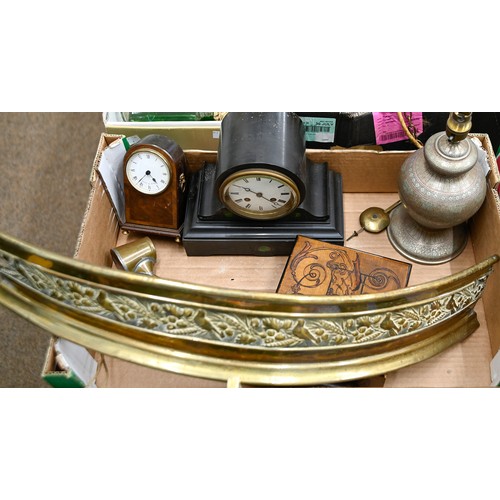 761 - A belge noir drum cased mantle clock, with enamel dial, 22cm h, an oak miniature longcase clock with... 