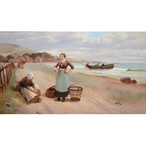 924 - J Walter, late 19th century - A Fishing Village, signed, oil on canvas, 59 x 105cm