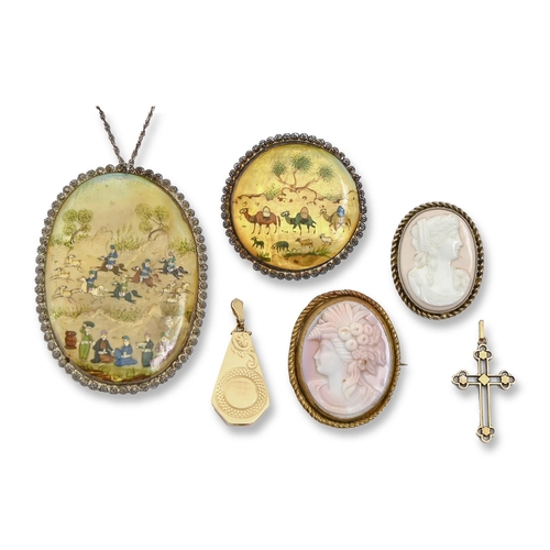 105 - A Persian painted and lacquered mother-of-pearl brooch and pendant, two cameo brooches, etc... 