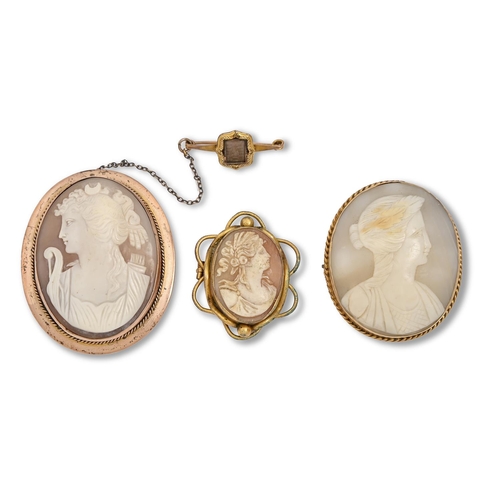 107 - Two cameo brooches, the oval shell of Diana or another woman, mounted in gold, oval 57mm and smaller... 