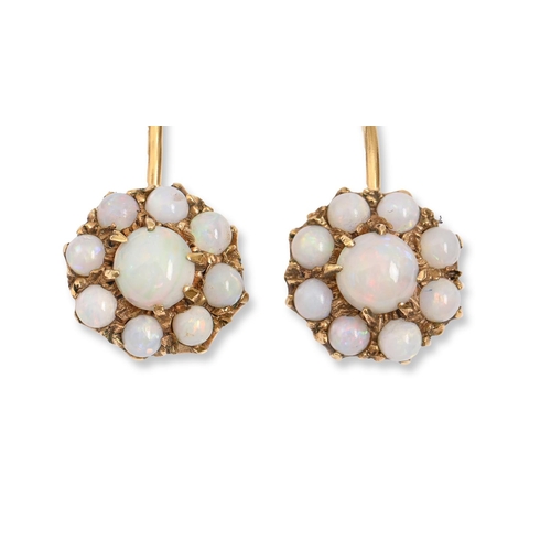 111 - A pair of opal earrings, in gold, screw fittings, cluster 11mm diam, marked 9ct, 4.4g... 