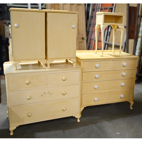 1110 - A mahogany bedroom suite, 1930s, later painted, comprising of tallboy, 120cm h, pair of pot cupboard... 