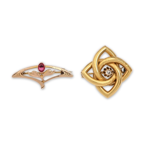 112 - A Victorian rose diamond knot brooch, in gold, 30 x 31mm and an art nouveau synthetic ruby brooch, i... 