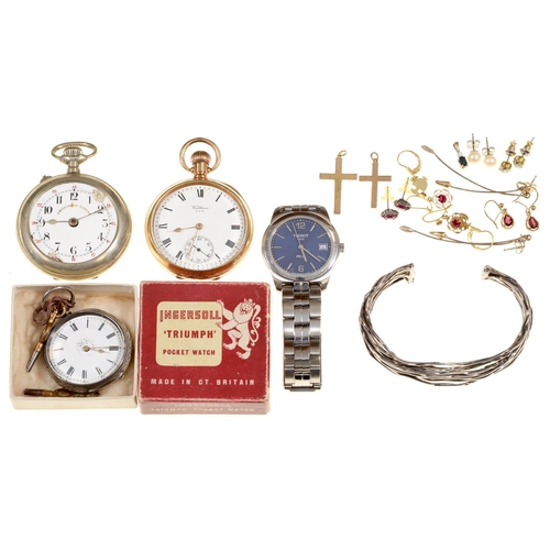 114 - Two 9ct gold crosses, miscellaneous other articles (gold approx 10g), a silver watch, gold plated ke... 