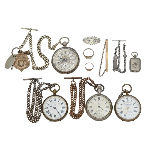 115 - Two silver lever watches, late 19th c, two other contemporary watches and miscellaneous other articl... 