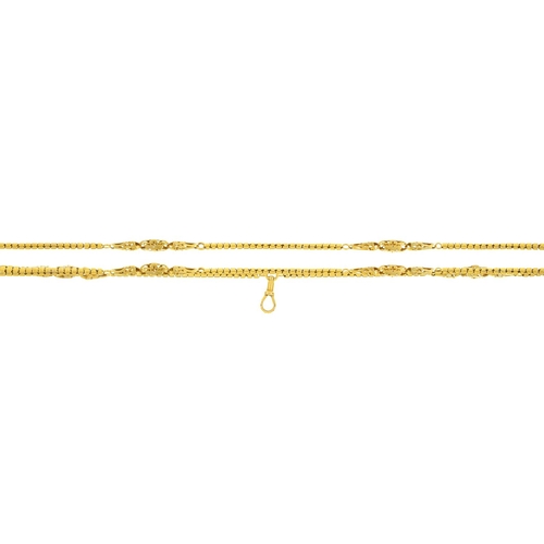 117 - A Victorian gold muff chain, of Brazilian mesh with fourteen groups of three shaped and pierced link... 