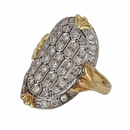 120 - A diamond ring, c1975, pierced oval and millegrain set in two-colour 18ct gold, marks obscured, 7.4g... 