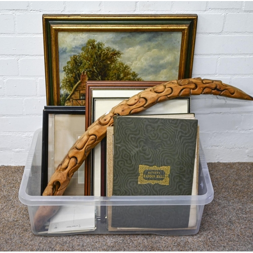 1212 - Miscellaneous pictures and prints and a carved hardwood articulated snake, 99cm l