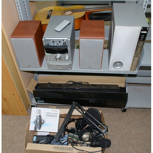 1216 - Stereo equipment. A Marantz MPM 1000 condenser mic, boxed, Bush 2.1ch 100w sound bar, boxed, Acousti... 