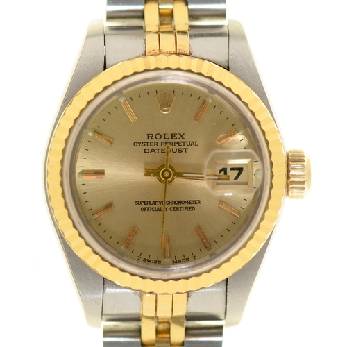 124 - A Rolex bi-metal lady's wristwatch, Oyster Perpetual Datejust, 25 x 33mm, maker's bracelet and deplo... 