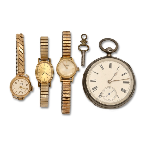 135 - A silver lever watch, in plain case, 52mm diam, Birmingham 1894 and three lady's wristwatches (4)... 