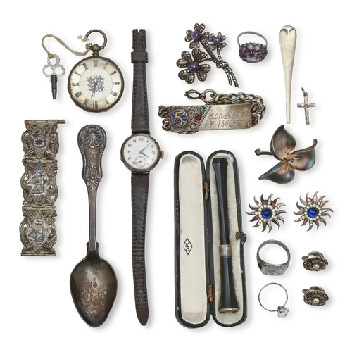 137 - Miscellaneous silver, niello, marcasite and other costume jewellery and watches, a silver identity b... 