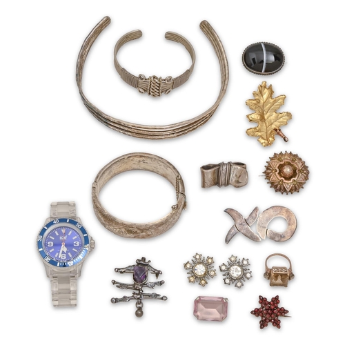 140 - A Norwegian silver torc, a silver bangle and miscellaneous Victorian and later silver and base metal... 