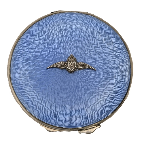 152 - A George V silver and blue guilloche enamel compact, applied with RAF silver wings insignia, 70mm di... 