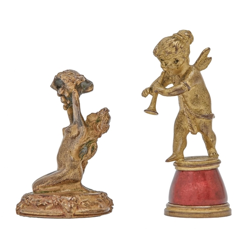 158 - Two French fin de siècle gilt bronze desk seals, c1900, one in the form of a young woman... 