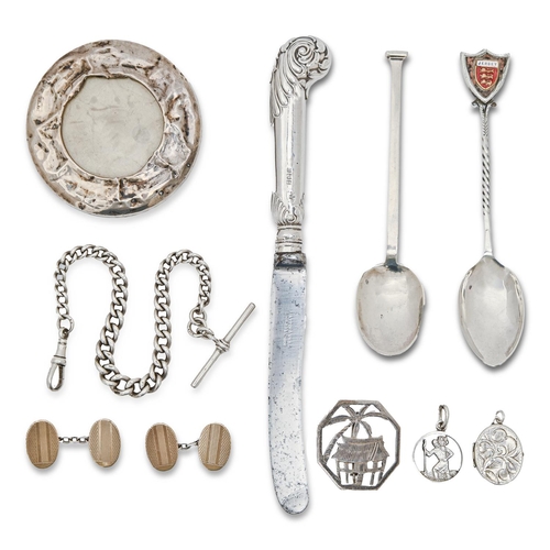 169 - Miscellaneous small silver flatware and other articles, to include albert, cufflinks and brooch... 