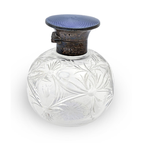 170 - A George V silver and lavender guilloche enamel mounted cut glass scent bottle, stopper, 10.5cm h, b... 