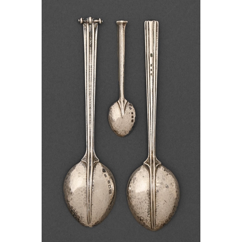 171 - Omar Ramsden. Two silver rat-tail spoons, with hammer textured fig shaped bowl, one with scroll term... 