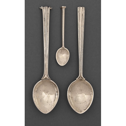 171 - Omar Ramsden. Two silver rat-tail spoons, with hammer textured fig shaped bowl, one with scroll term... 