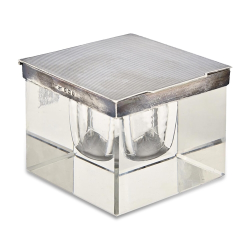 176 - A George V silver mounted glass inkwell, square shaped with engine turned lid, 90 x 95mm, by Deakin ... 