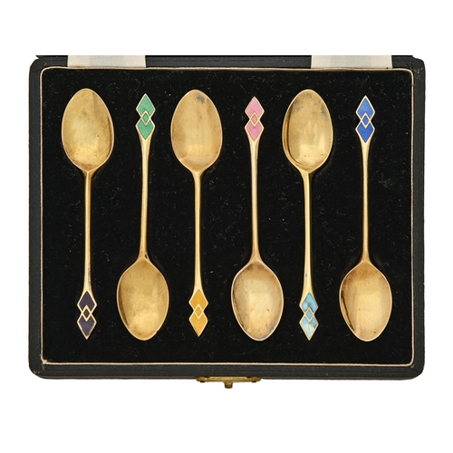 181 - A 'Harlequin' set of six George VI silver gilt and guilloche enamel coffee spoons, by Turner & S... 