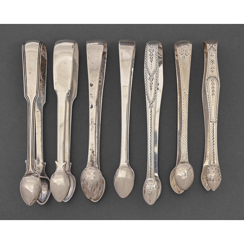 189 - Seven pairs of George III silver sugar tongs, bright cut, Fiddle and Thread and other patterns, 7oz ... 