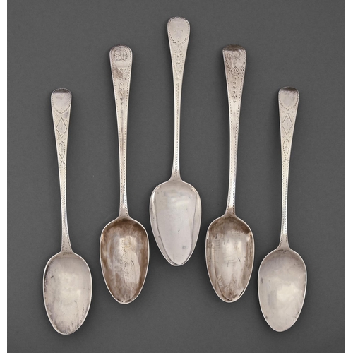 191 - One and two pairs of George III silver tablespoons, bright cut Old English pattern, by various maker... 