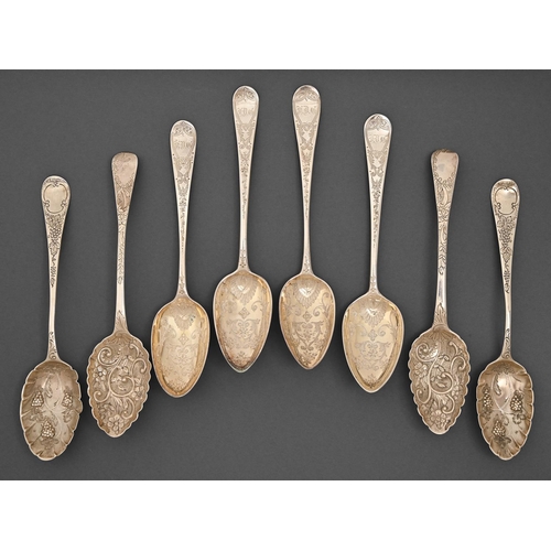 195 - Four pairs of Victorian and George III chased and/or engraved silver berry spoons, George III all Lo... 