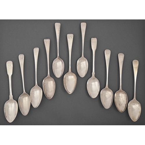 196 - Eleven George III silver tablespoons, Old English and Fiddle pattern, all London, by various makers,... 