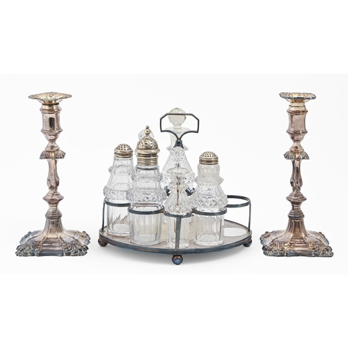 240 - A George III Sheffield plate cruet frame, crested and six cut glass condiment bottles, 22cm h and a ... 