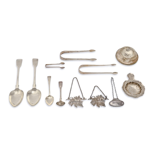 256 - Miscellaneous small silver flatware, including two pairs of George III plain or engraved sugar tongs... 