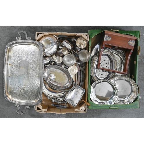 266 - Miscellaneous plated ware, including Edwardian tea tray, meat dishes, salvers, entreé dish and cover... 