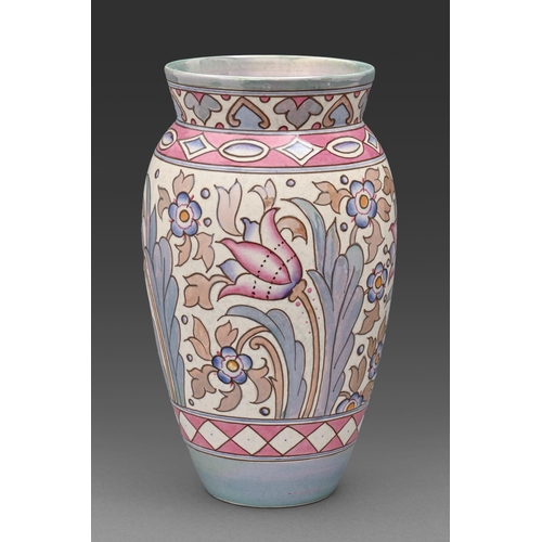 275 - Charlotte Rhead. A Bursley Ware vase, c1950, tube lined with stylised flowers, 31cm h, printed and p... 