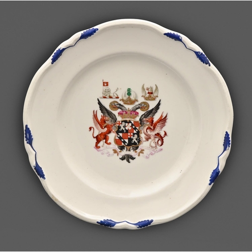 283 - A rare English porcelain armorial plate, possibly Coalport, c1850, enamelled and gilt with the arms ... 