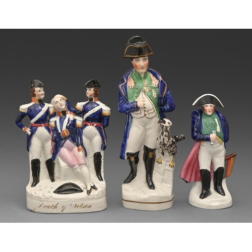 290 - Two Staffordshire portrait figures of Napoleon Bonaparte and a flatback portrait group of the Death ... 