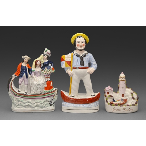 292 - A Staffordshire flatback group of Grace Darling, a portrait figure of a Fat Sailor in Boat and a fla... 