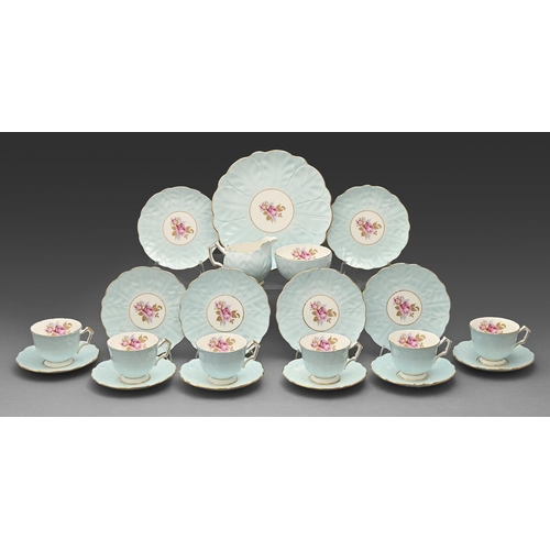 359 - An Aynsley cabbage leaf moulded bone china tea service, second half 20th c, printed and gilt with ro... 