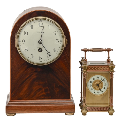 465 - A French brass and copper carriage clock, early 20th c, with enamel dial 11 x 7cm and an arched top ... 