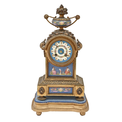 467 - A French giltmetal and porcelain bracket clock, late 19th c, mounted with an urn of flowers, giltwoo... 