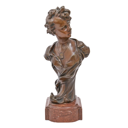 468 - An Art Nouveau bronze bust of a child, early 20th c, rich brown patina on marble base, signed Antony... 