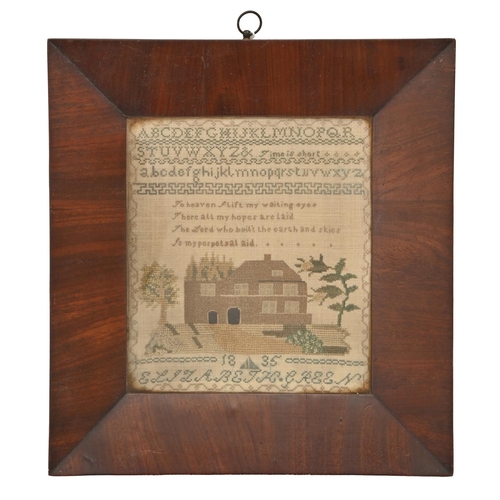 501 - A William IV linen sampler, worked in wool with alphabet, prayer and a house, dated 1835, contempora... 