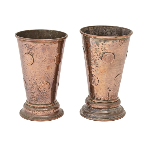 528 - Two copper gambling cups, early 19th c, the body inset with Georgian coins, with a glass bottom and ... 