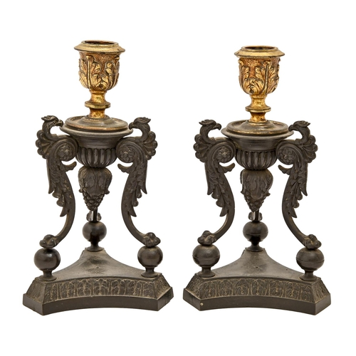 530 - A pair of grand tour bronze tripod candlesticks, 19th c, mounted on eagle base, 20cm h... 